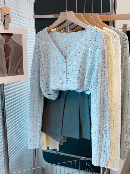 Sequined hollow special yarn v-neck sweater jacket women 2025 autumn new loose outer wear knitted cardigan