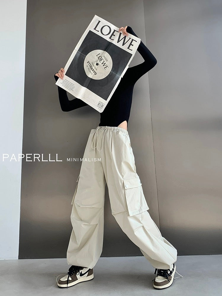 PAPERLLL Xinjian 2024 new high street drawstring loose design trousers straight white overalls for women