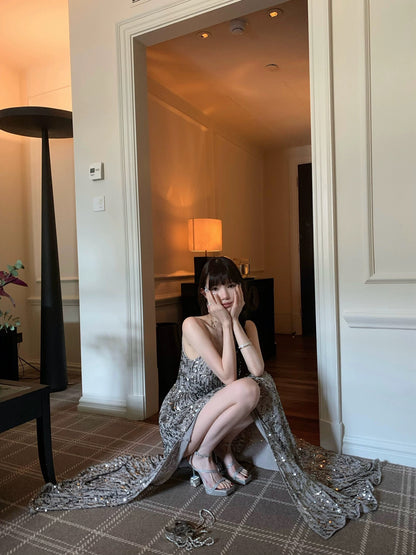 CHICYOU "Silver Feather" Silver Sequined V-Neck Long Skirt Gorgeous Heavy Slit Temperament Suspender Dress