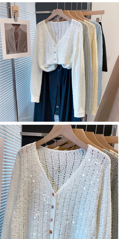 Sequined hollow special yarn v-neck sweater jacket women 2025 autumn new loose outer wear knitted cardigan