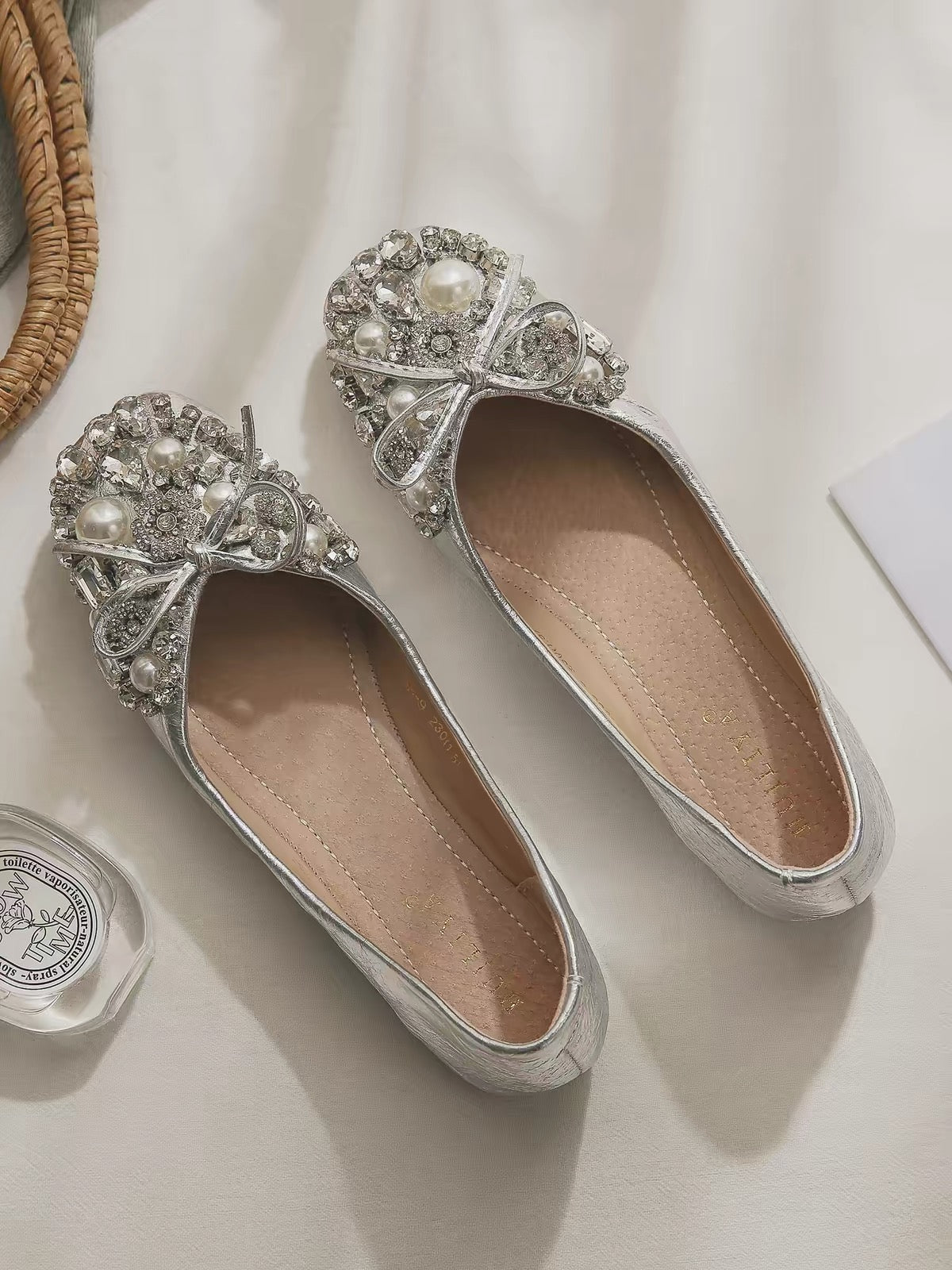 Stunning French-style silver rhinestone flats—square-toed, comfortable, and perfect for pairing with dresses. A gorgeous new style for Summer 2026.