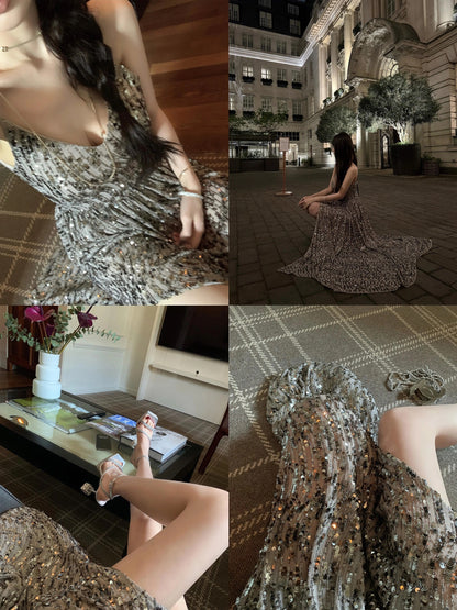 CHICYOU "Silver Feather" Silver Sequined V-Neck Long Skirt Gorgeous Heavy Slit Temperament Suspender Dress