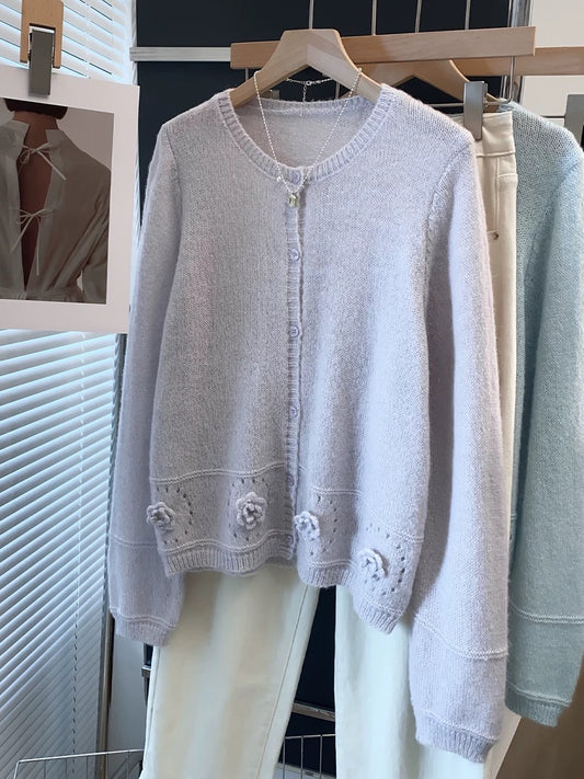 Mohair handmade flower round neck sweater jacket women 2025 spring and autumn new style outer wear loose knitted cardigan trend
