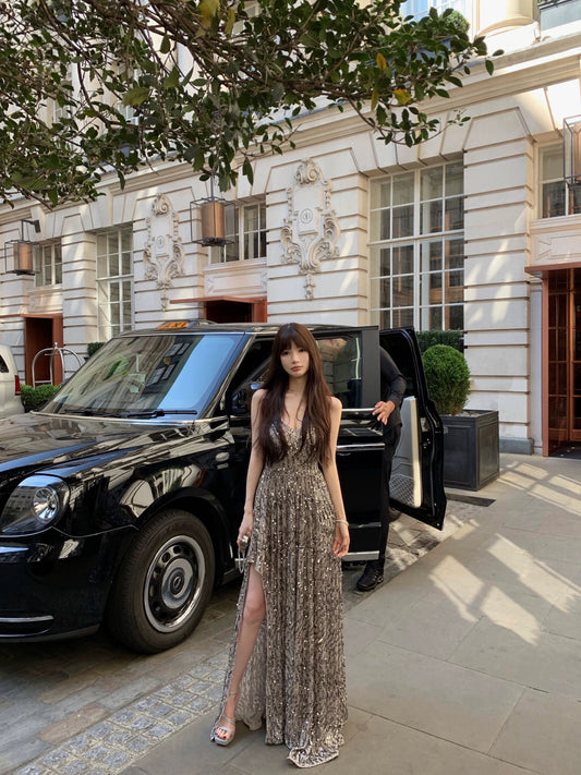 CHICYOU "Silver Feather" Silver Sequined V-Neck Long Skirt Gorgeous Heavy Slit Temperament Suspender Dress