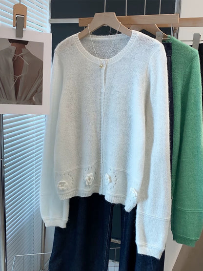 Mohair handmade flower round neck sweater jacket women 2025 spring and autumn new style outer wear loose knitted cardigan trend