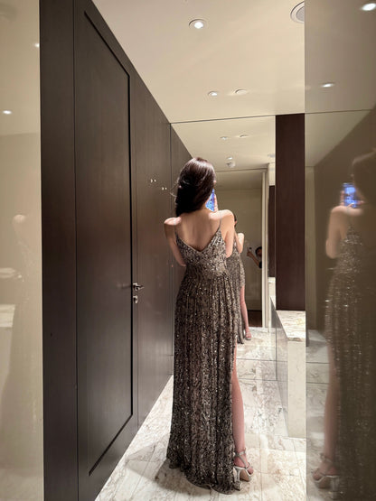 CHICYOU "Silver Feather" Silver Sequined V-Neck Long Skirt Gorgeous Heavy Slit Temperament Suspender Dress