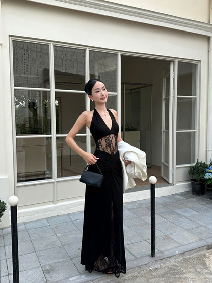 VENUIE French-style black halter neck dress, sexy lace adult evening gown, waist-cinching, slimming, elegant long dress