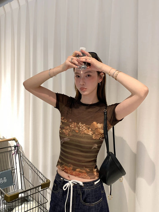 【13C】Fashion Pioneer Printed Mesh T-Shirt Women's Summer Retro Short Slim Fit Round Neck Shoulder Short Sleeve Top
