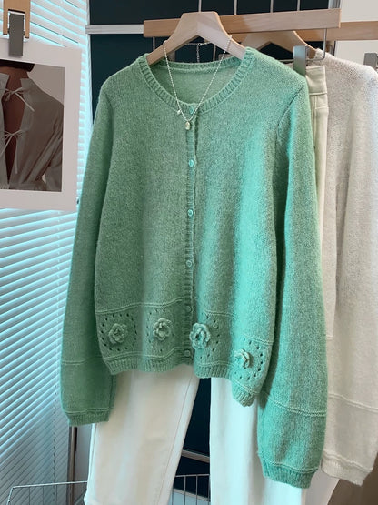 Mohair handmade flower round neck sweater jacket women 2025 spring and autumn new style outer wear loose knitted cardigan trend