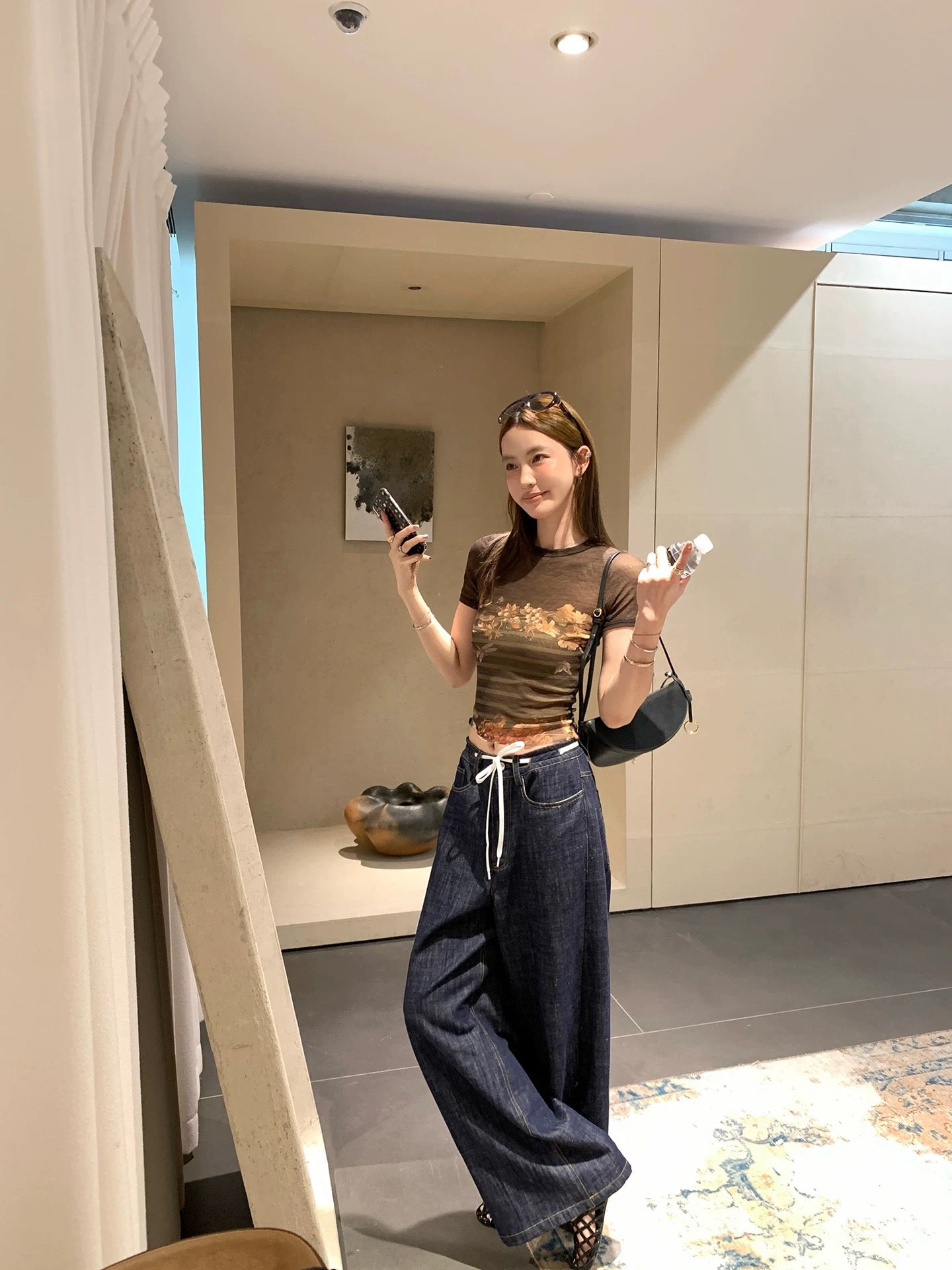 【13C】Fashion Pioneer Printed Mesh T-Shirt Women's Summer Retro Short Slim Fit Round Neck Shoulder Short Sleeve Top
