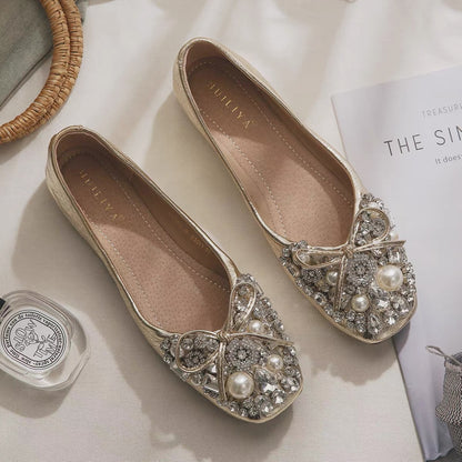 Stunning French-style silver rhinestone flats—square-toed, comfortable, and perfect for pairing with dresses. A gorgeous new style for Summer 2026.
