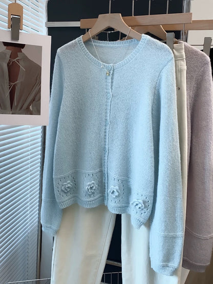 Mohair handmade flower round neck sweater jacket women 2025 spring and autumn new style outer wear loose knitted cardigan trend
