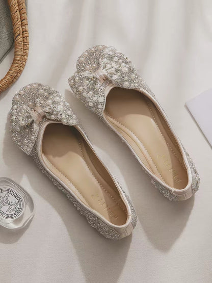 2026 New Spring/Summer Women's Rhinestone-Embellished Flats: Square-Toe Low-Cut Shoes (Perfect for Pairing with Skirts)