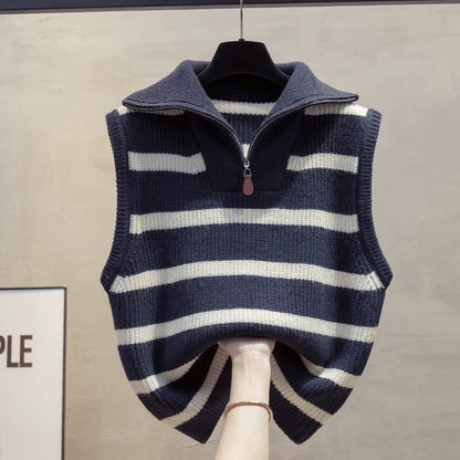 High collar zipper striped knitted vest vest 2025 autumn and winter new loose outer wear vest lapel sweater waistcoat