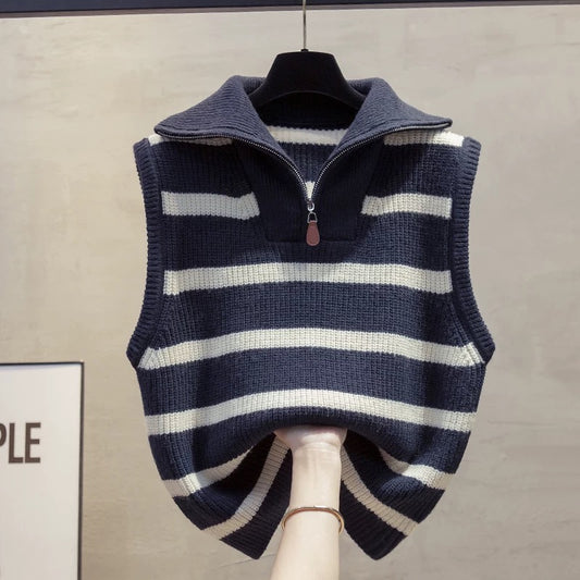 High collar zipper striped knitted vest vest 2025 autumn and winter new loose outer wear vest lapel sweater waistcoat