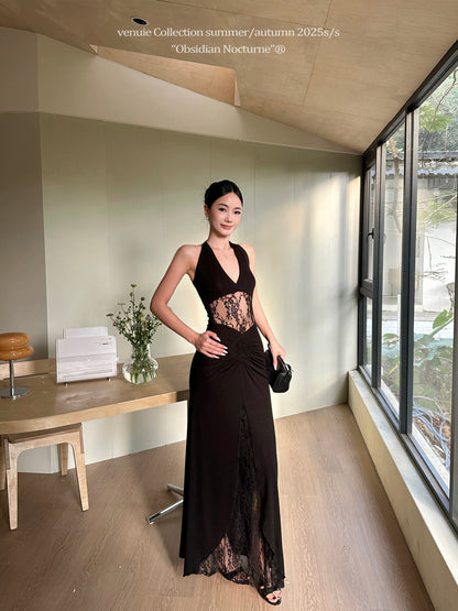 VENUIE French-style black halter neck dress, sexy lace adult evening gown, waist-cinching, slimming, elegant long dress