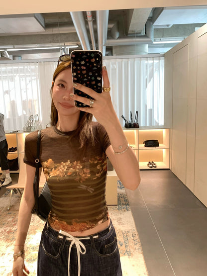 【13C】Fashion Pioneer Printed Mesh T-Shirt Women's Summer Retro Short Slim Fit Round Neck Shoulder Short Sleeve Top