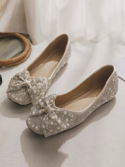2026 New Spring/Summer Women's Rhinestone-Embellished Flats: Square-Toe Low-Cut Shoes (Perfect for Pairing with Skirts)