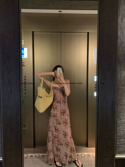 zzykk Smoked Rose Design, Bias-Cut Chiffon Floral Print Spaghetti Strap Maxi Dress for Women, Spring/Summer Slimming Dress
