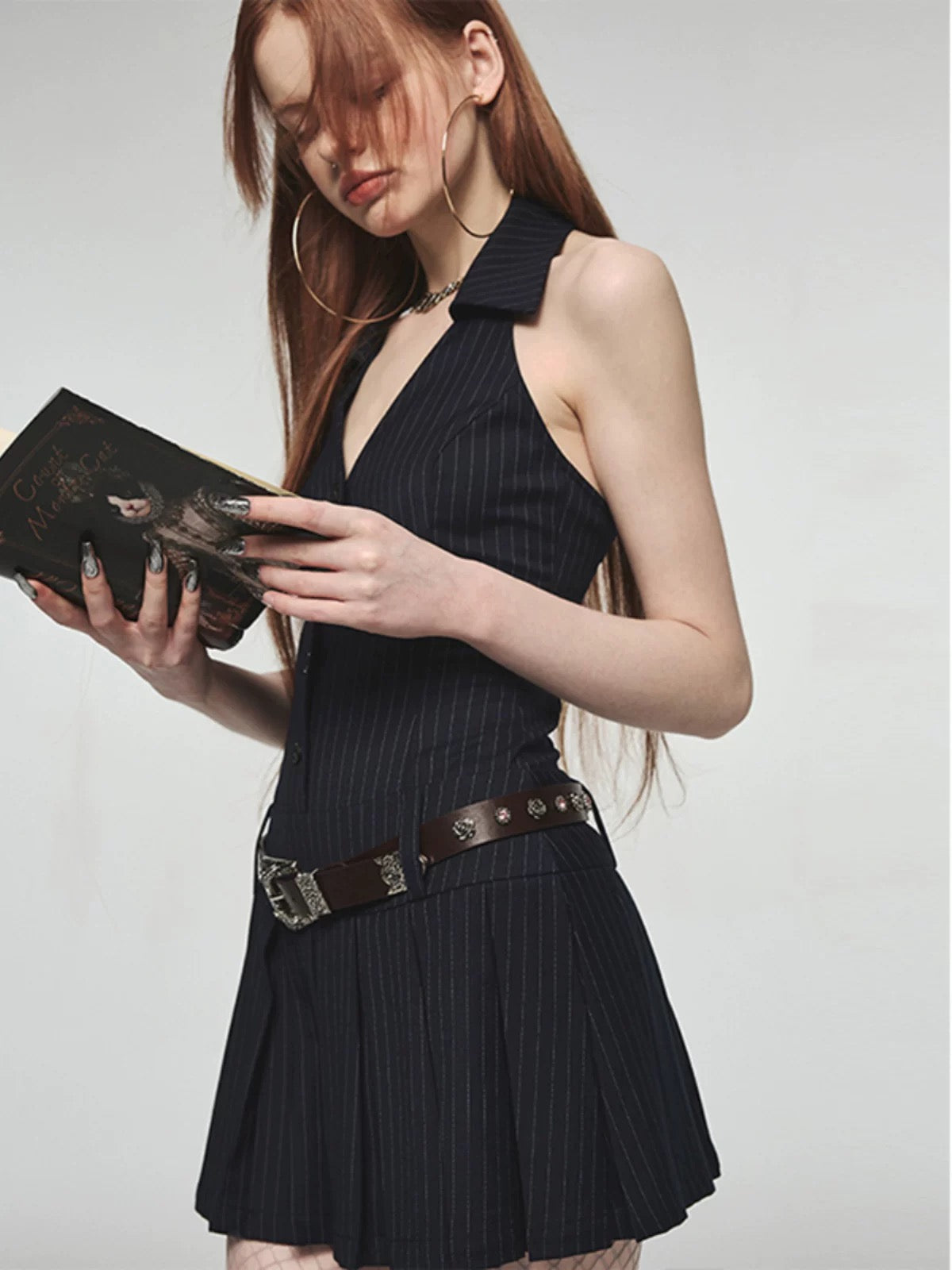 1JINN STUDIO French Bellflower halter neck off-shoulder sexy hot girl dress V-neck sleeveless waist pleated skirt