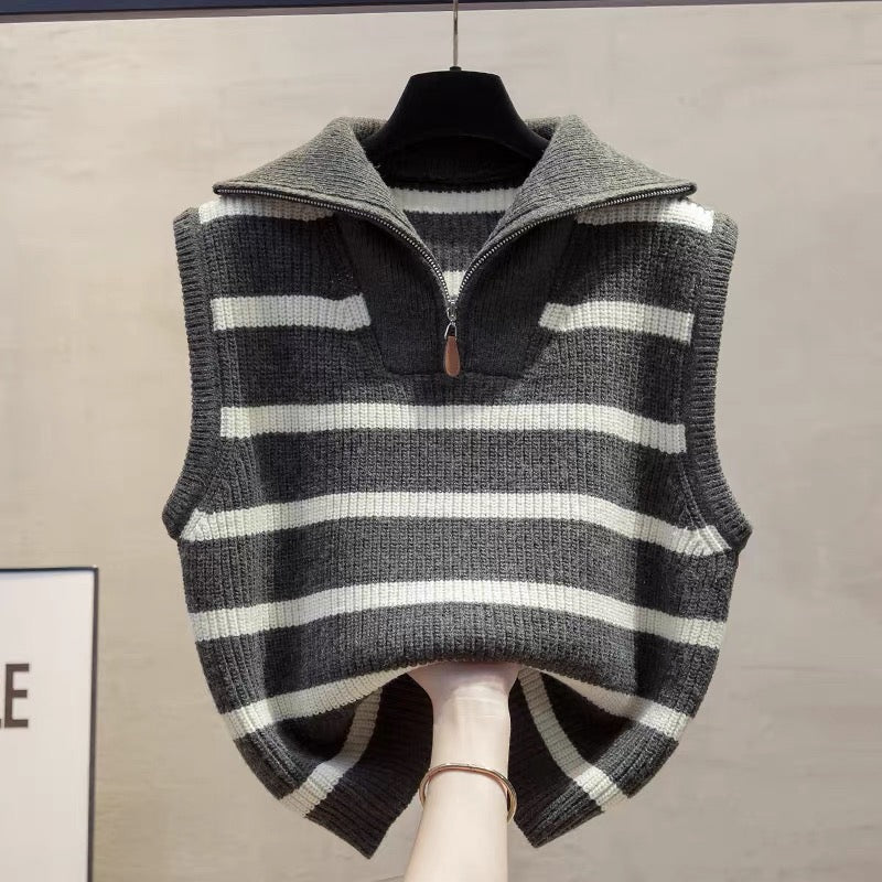 High collar zipper striped knitted vest vest 2025 autumn and winter new loose outer wear vest lapel sweater waistcoat