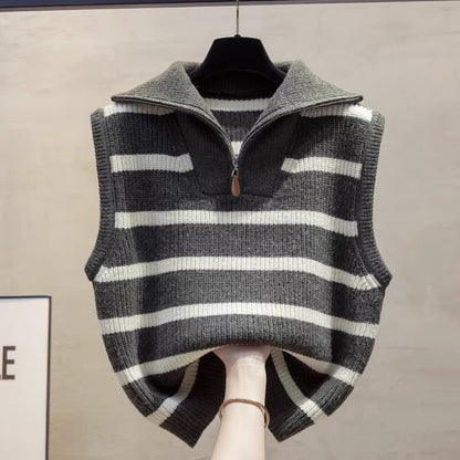 High collar zipper striped knitted vest vest 2025 autumn and winter new loose outer wear vest lapel sweater waistcoat