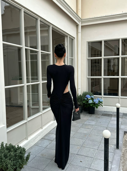 VENUIE Black Sexy Modal Knit Dress with Hollow-out Design, Slimming and Elegant Style, Perfect for Layering with a Long-Sleeved Autumn/Winter Maxi Dress