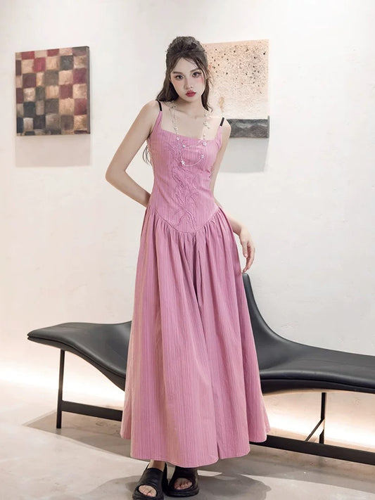 MOXIMOXI Summer New Chinese Embroidery Cotton Long Backless Suspender Holiday Dress