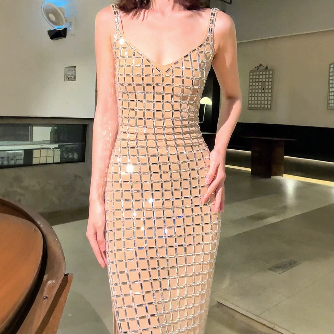 Sevev agent French heavy industry hot diamond sexy suspender backless long dress banquet slit dress D6554