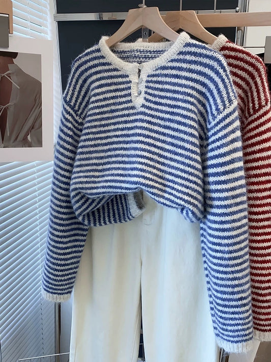 Striped cardigan sweater women's pullover 2025 spring and autumn winter new loose lazy style outer wear knitted sweater inner top