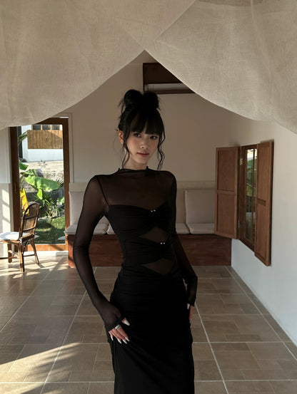 VENUIE Black Designer Niche Tulle Dress, Stand Collar, Waist-cinching, Bodycon, Fishtail Skirt, Autumn/Winter Knitted Long Dress