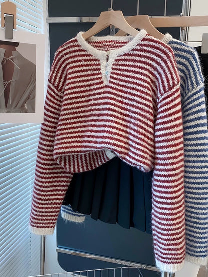 Striped cardigan sweater women's pullover 2025 spring and autumn winter new loose lazy style outer wear knitted sweater inner top