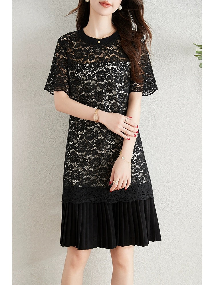 High-end hollow lace dress for women 2024 summer new temperament slim little black dress casual pleated skirt