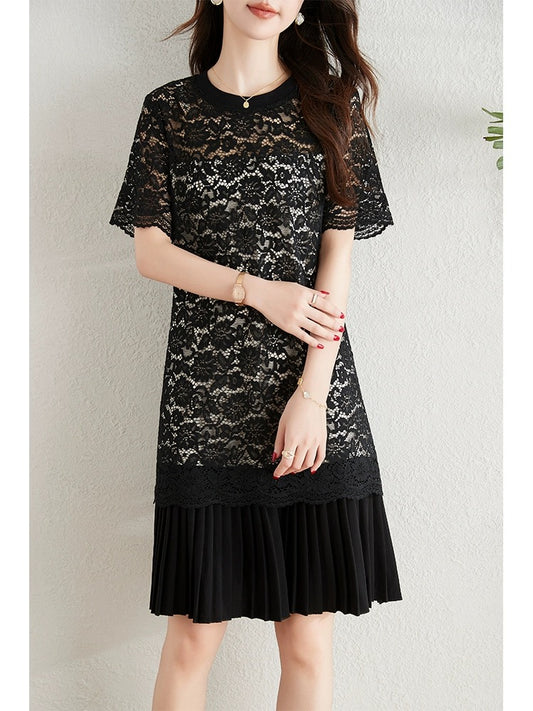High-end hollow lace dress for women 2024 summer new temperament slim little black dress casual pleated skirt