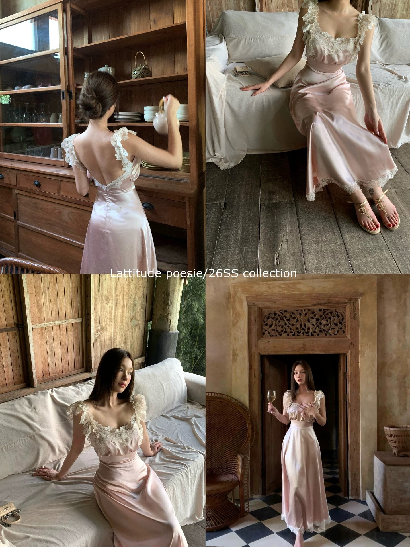 Lattitude/Yang Xiaolu Retro Doll-Style Nude Pink Velvet Waist-Defining Long Dress