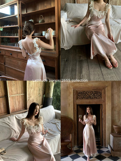 Lattitude/Yang Xiaolu Retro Doll-Style Nude Pink Velvet Waist-Defining Long Dress