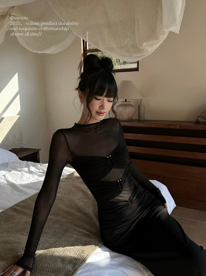 VENUIE Black Designer Niche Tulle Dress, Stand Collar, Waist-cinching, Bodycon, Fishtail Skirt, Autumn/Winter Knitted Long Dress