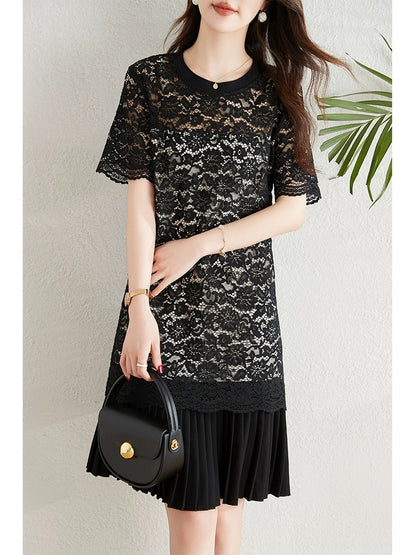 High-end hollow lace dress for women 2024 summer new temperament slim little black dress casual pleated skirt