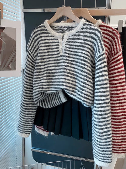 Striped cardigan sweater women's pullover 2025 spring and autumn winter new loose lazy style outer wear knitted sweater inner top
