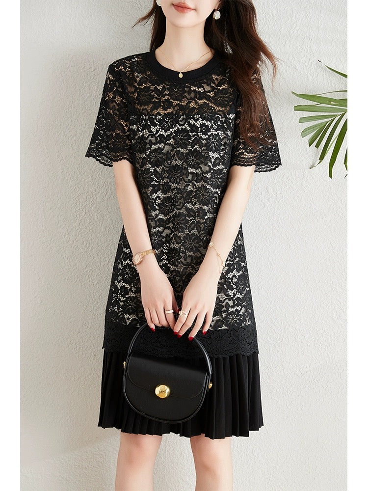 High-end hollow lace dress for women 2024 summer new temperament slim little black dress casual pleated skirt