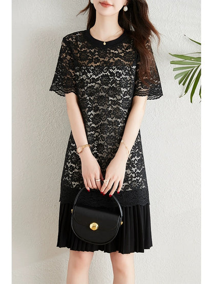 High-end hollow lace dress for women 2024 summer new temperament slim little black dress casual pleated skirt