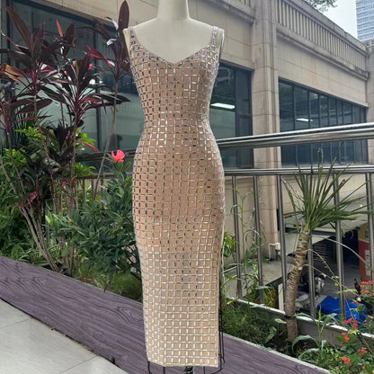 Sevev agent French heavy industry hot diamond sexy suspender backless long dress banquet slit dress D6554