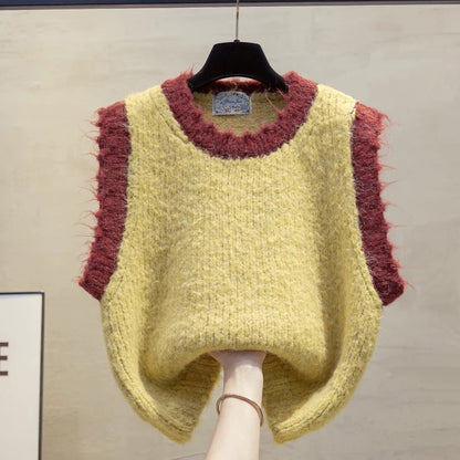 Colorblock round neck knitted vest vest women 2025 autumn and winter new loose outer wear vest layered sweater waistcoat trend