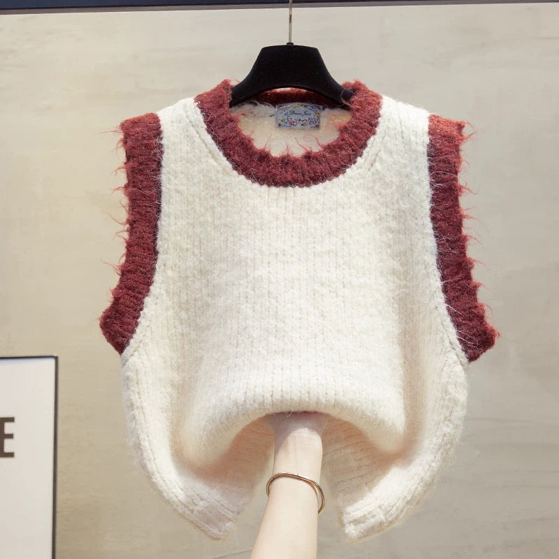 Colorblock round neck knitted vest vest women 2025 autumn and winter new loose outer wear vest layered sweater waistcoat trend