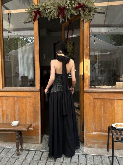 VENUIE French-style high-end halter neck dress, coming-of-age ceremony, annual party, birthday party, light evening dress, backless long dress