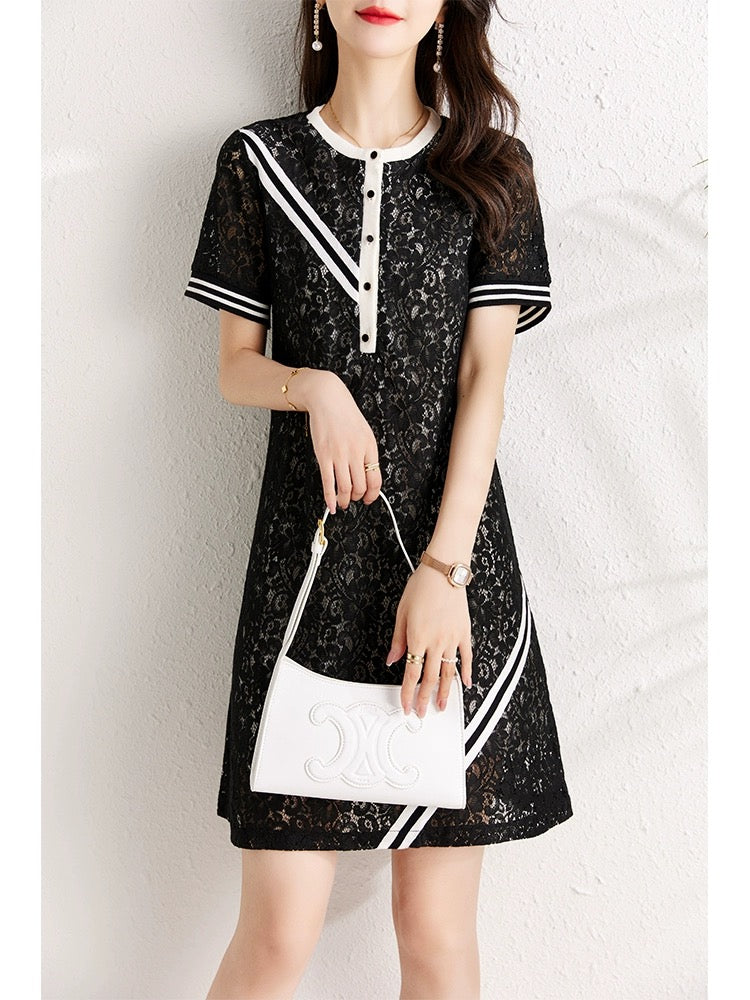 Hollow lace dress for women summer 2024 new style belly-covering slimming temperament slightly fat mm casual straight lace skirt