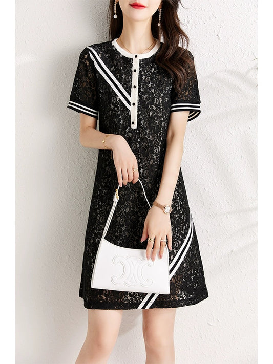 Hollow lace dress for women summer 2024 new style belly-covering slimming temperament slightly fat mm casual straight lace skirt