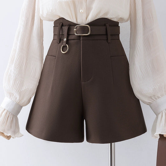 Brown high-waist slim wide-leg shorts for women autumn and winter 2023 new small casual pants bottoming outer boot pants