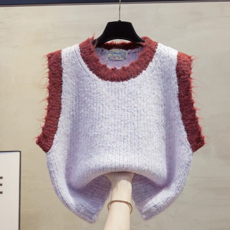 Colorblock round neck knitted vest vest women 2025 autumn and winter new loose outer wear vest layered sweater waistcoat trend
