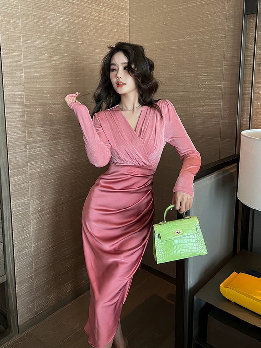 European station French satin dress, high-end pleated pink dress, elegant lady, autumn and winter fashionable waistline for women